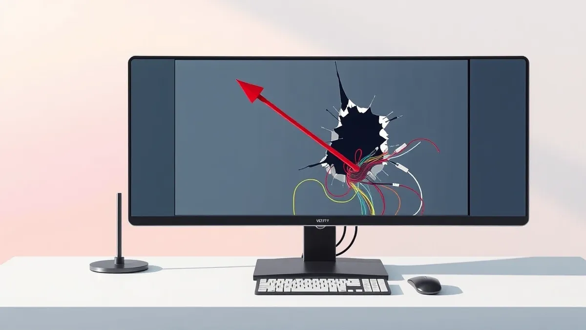 Illustration: A sleek black security monitor sits on a clean white desk, its screen displaying a blank interface with abstract geometric shapes.
