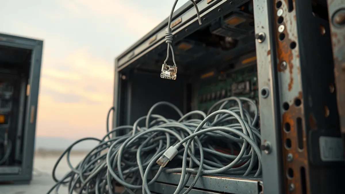 Illustration: A tangled heap of loose ethernet cables lies inside an open, dusty server chassis.