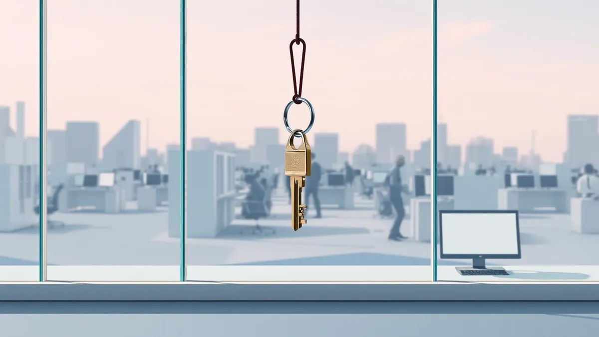 Illustration: A transparent glass wall separates a clean, secure office interior from a chaotic exterior space.