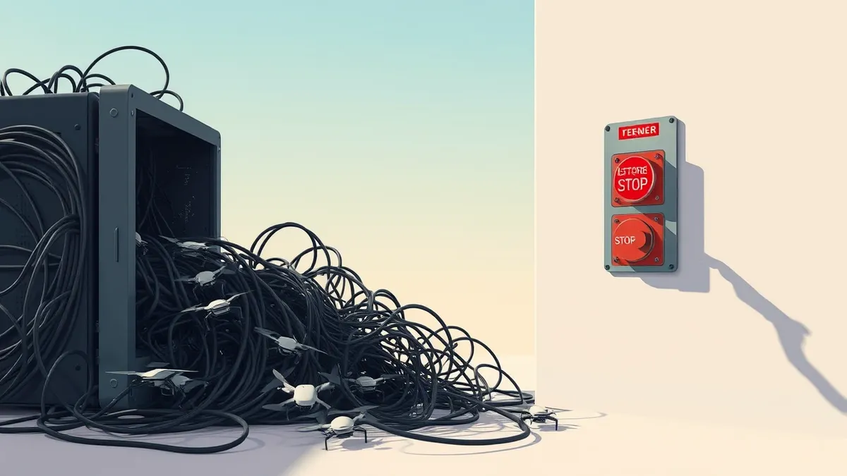 Illustration: A tangled nest of black cables spills from a cracked server chassis, with small autonomous drone robots trapped in the wires.