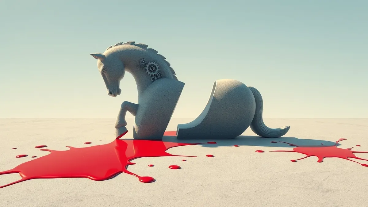 Illustration: A smooth stone horse sits cracked open on a clean floor, revealing jagged gears inside, while nearby a single red splatter spreads across the surface, merging with ot