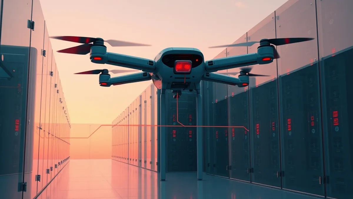 Illustration: An autonomous robotic drone navigates through a maze of translucent glass walls, tracing glowing red lines that connect various server nodes.