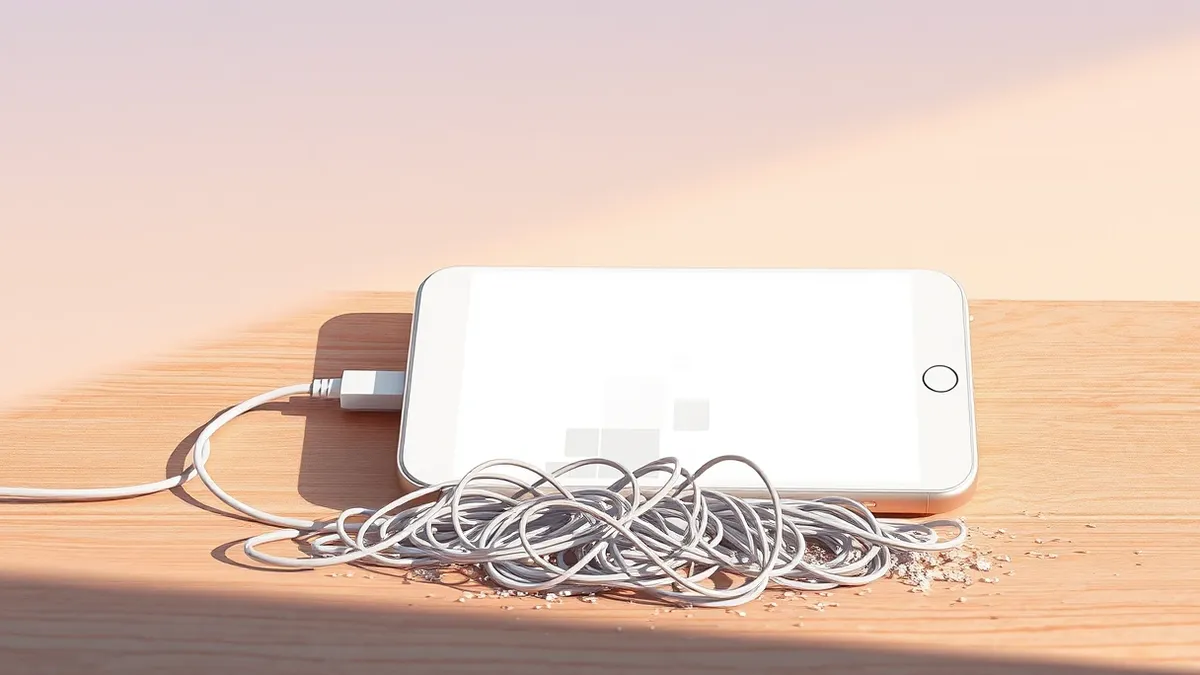Illustration: A sleek, white smartphone rests on a wooden desk, its blank screen displaying abstract geometric blocks that overflow the edges.