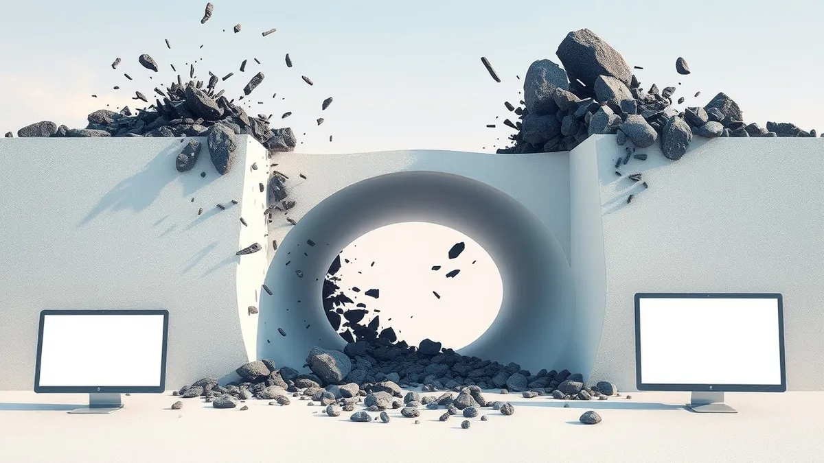 Illustration: A thick, opaque barrier wall blocks a chaotic stream of jagged, dark debris from entering a clean, smooth pipe.