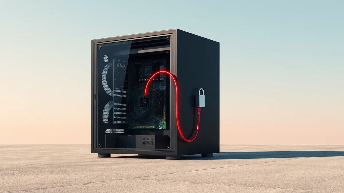 Illustration: A sleek black server tower sits on a concrete floor with its side panel removed to reveal internal circuit boards.