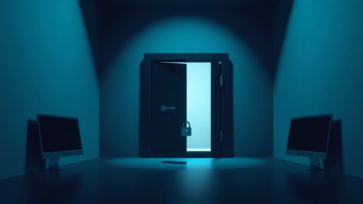 Illustration: A sleek, dark digital vault door stands slightly ajar in a dim room, revealing a faint glow from within.