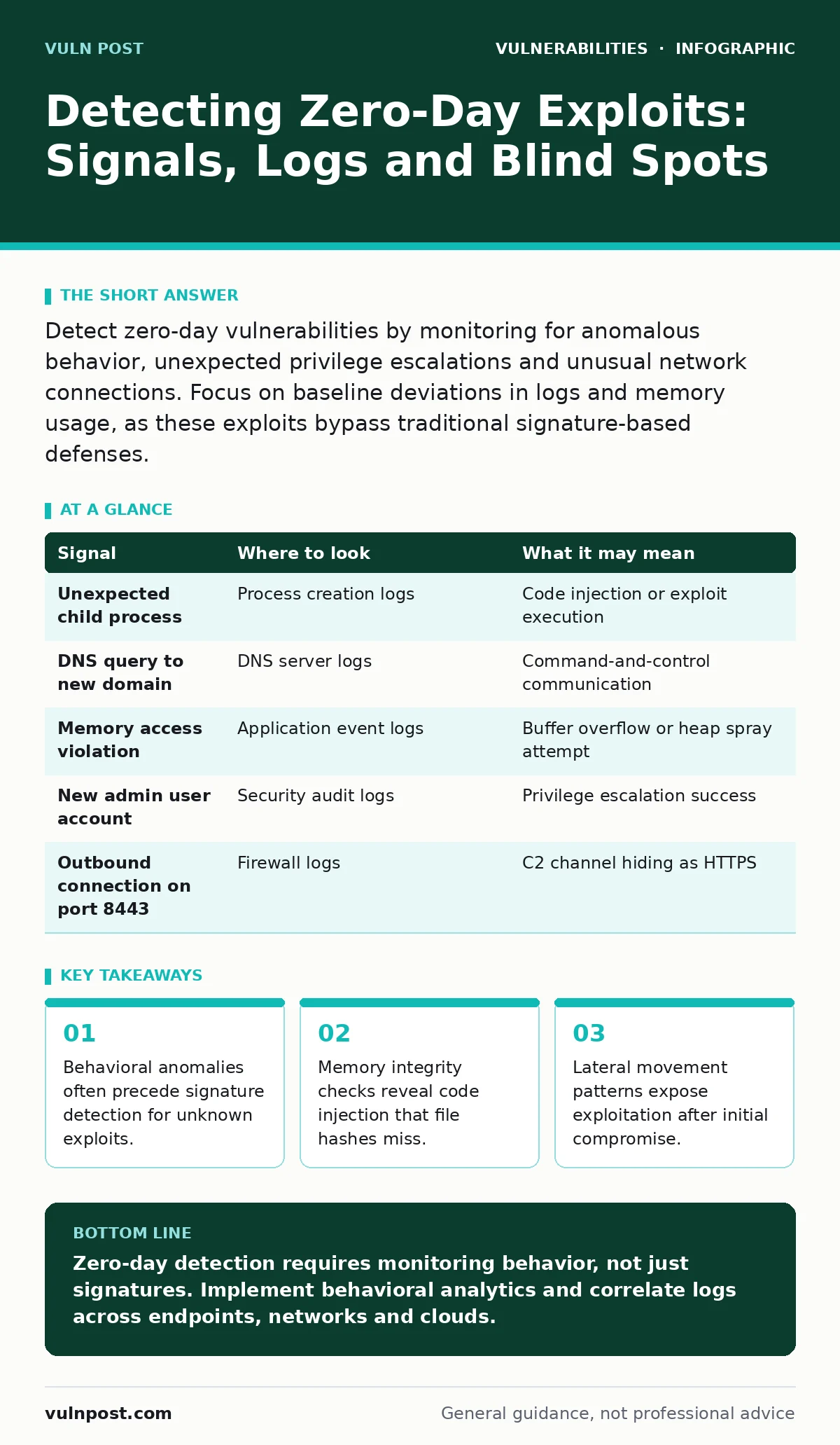 Infographic: Detecting Zero-Day Exploits: Signals, Logs and Blind Spots. Behavioral anomalies often precede signature detection for unknown exploits. Memory integrity checks reveal code injection that file hashes miss. Lateral movement patterns expose exploitation after initial compromise.