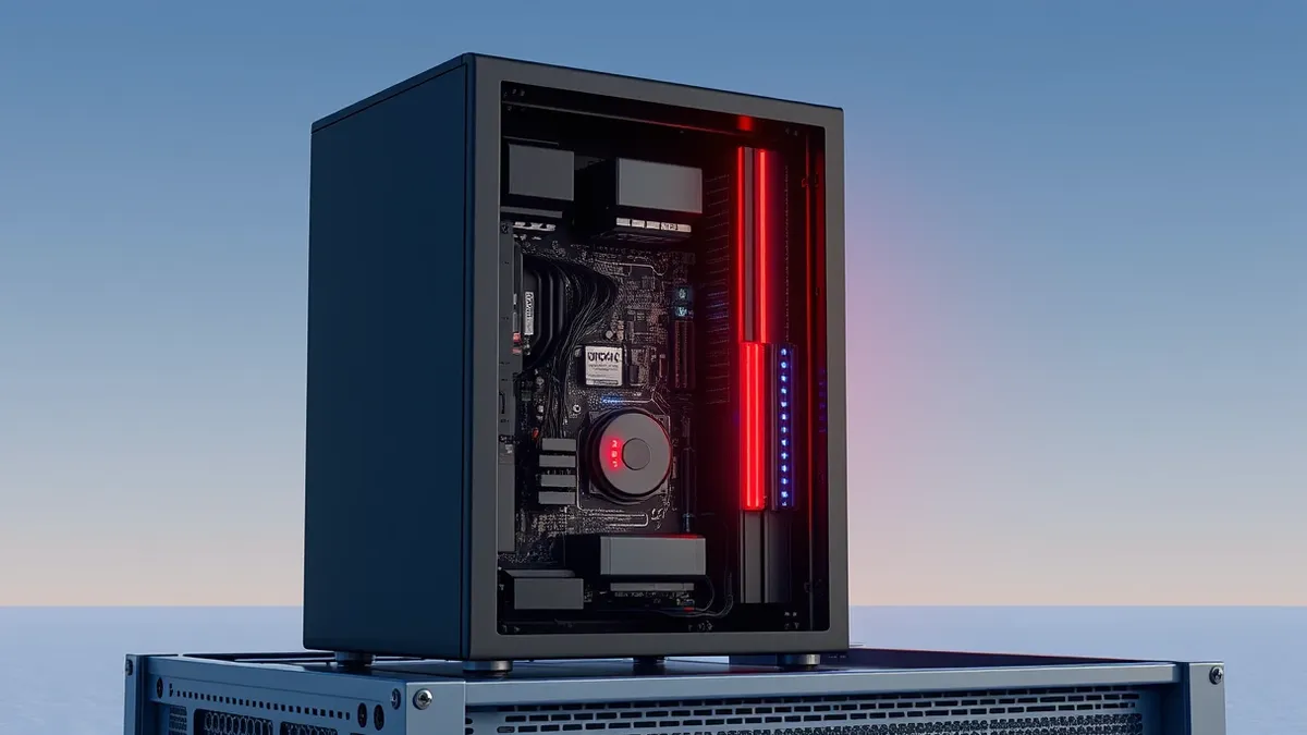 Illustration: A sleek black server tower sits on a metal rack with its side panel removed, exposing internal circuit boards and spinning hard drives.
