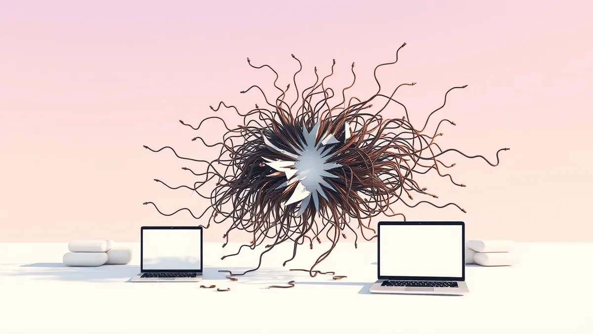 Illustration: A tangled mass of digital threads erupts from a broken document icon, twisting into sharp, jagged shapes that pierce through the protective shell of a software interf