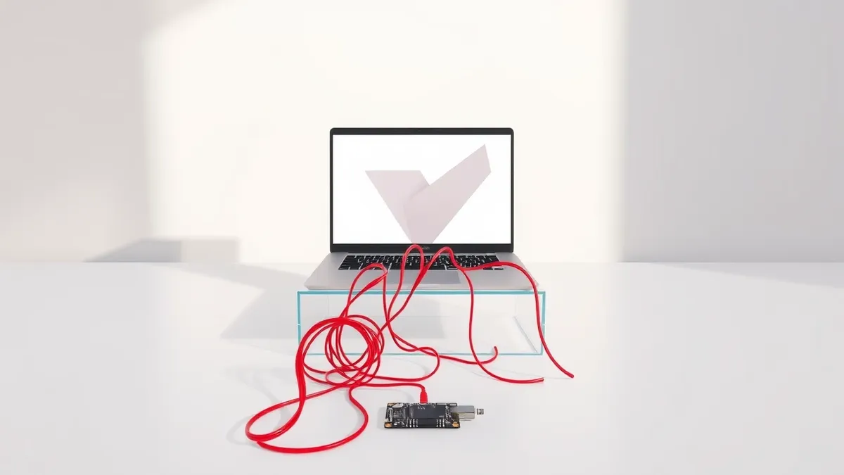 Illustration: A clean white desktop holds a single open laptop displaying a blank browser window with abstract geometric shapes.