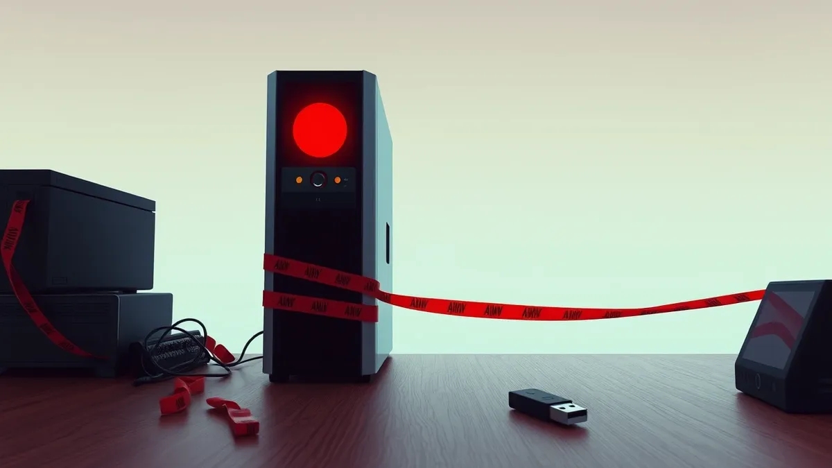Illustration: A sleek media server tower sits on a wooden desk next to a tangled knot of red warning tape.