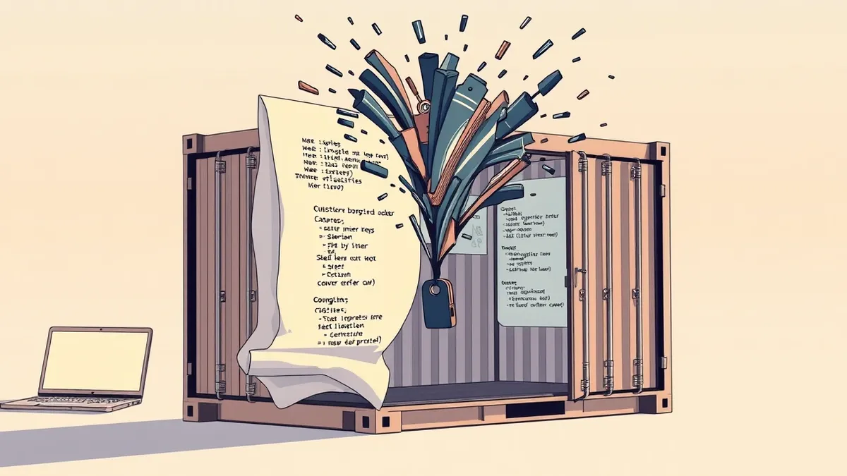 Illustration: A crumpled configuration file leaks ink that transforms into jagged code fragments.