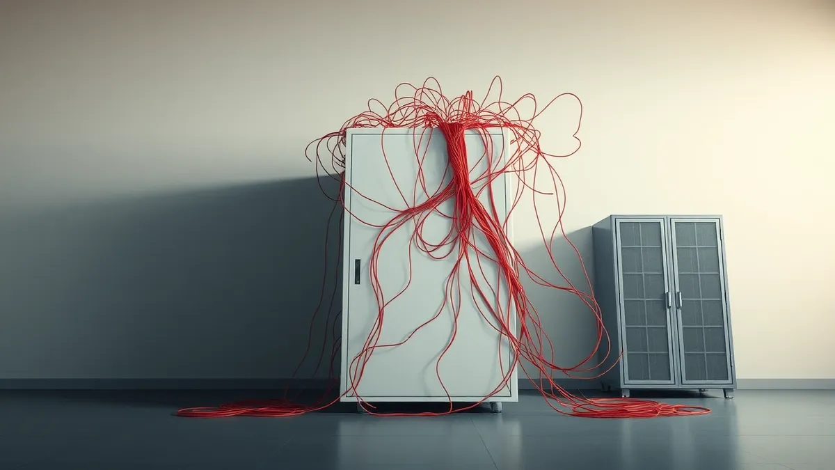 Illustration: A sleek, white facility management server sits isolated in a dim room.
