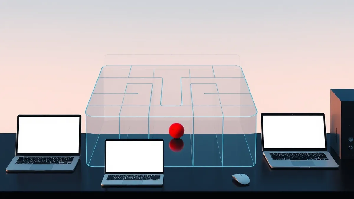 Illustration: A transparent glass maze sits on a dark desk, containing a single glowing red sphere trapped inside one compartment.