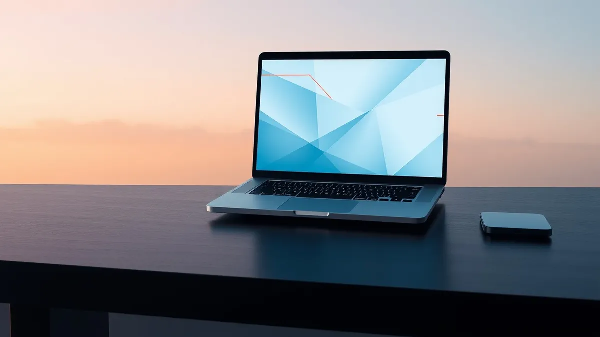 Illustration: A sleek laptop sits open on a dark wooden desk, its screen displaying a clean, abstract geometric pattern in soft blue and white hues.