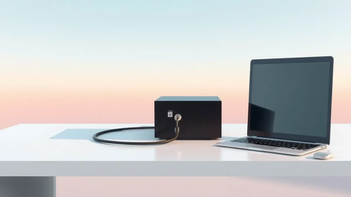 Illustration: A sleek, isolated server node rests on a clean white desk, its single port connected to a thick, locked cable leading into an opaque black box.