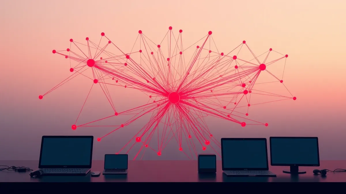 Illustration: A tangled nest of glowing red threads weaves through a blank network diagram, connecting isolated nodes into a single pulsing web.