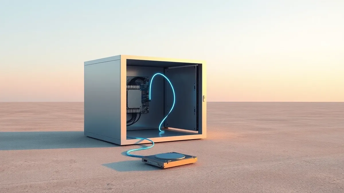 Illustration: A sleek silver server box sits on a concrete floor with its side panel missing.
