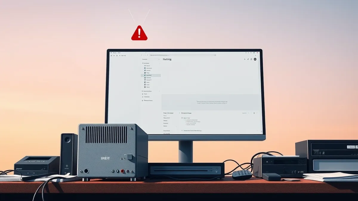 Illustration: A silver firewall appliance sits on a cluttered desk.