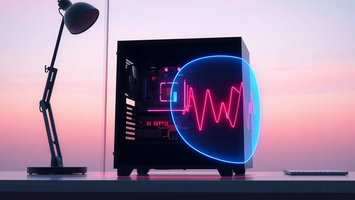 Illustration: A sleek black computer tower sits on a clean desk, its side panel transparent to reveal glowing internal circuits.