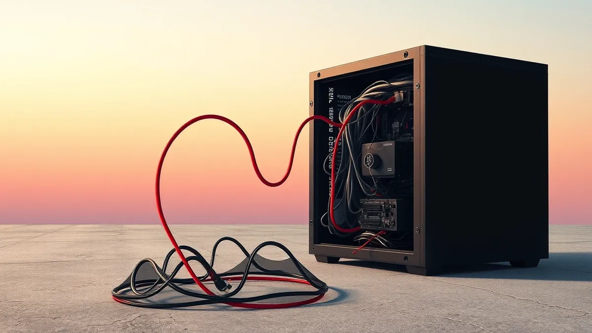 Illustration: A sleek black server tower sits on a concrete floor with its side panel removed to expose tangled internal cables.