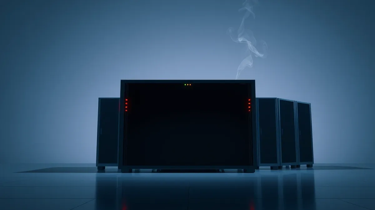 Illustration: A sleek, modern server unit sits idle in a dimly lit room, its status lights flickering from green to solid red.