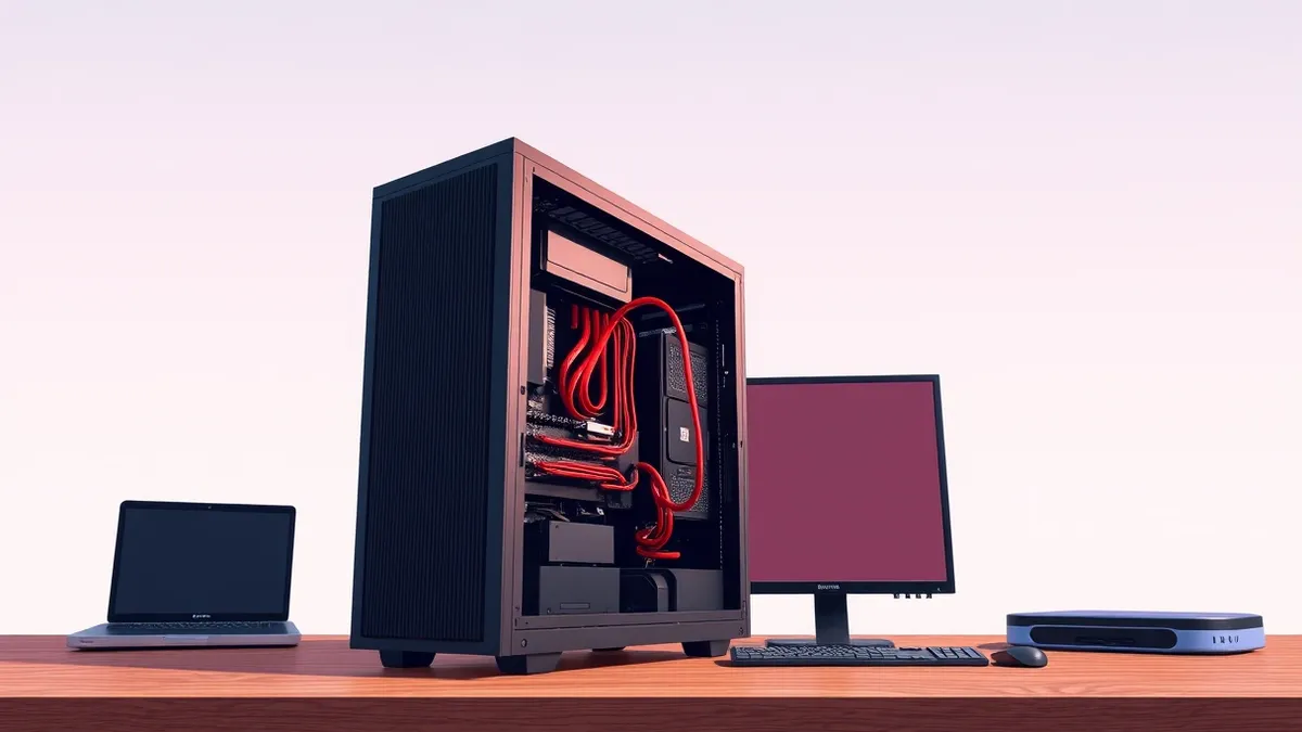 Illustration: A sleek black server tower sits open on a wooden desk, its internal circuitry exposed to the air.
