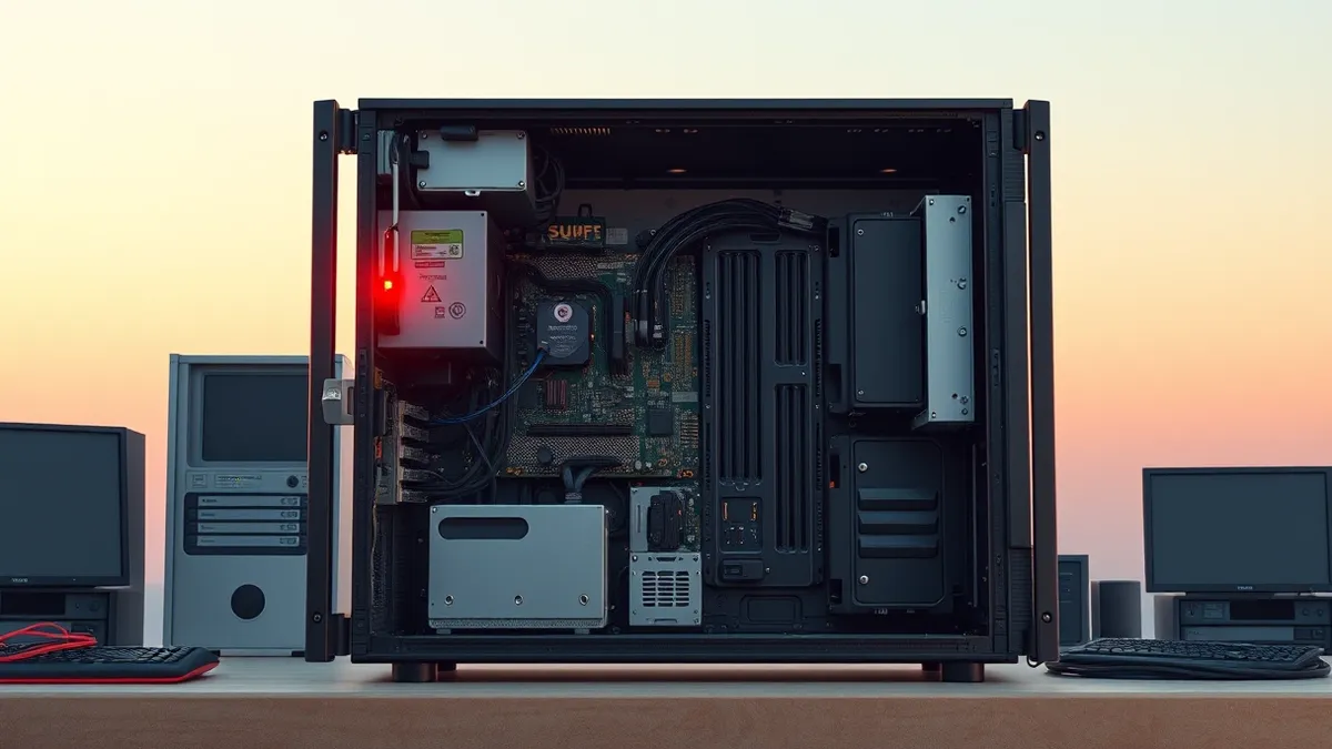 Illustration: A generic server chassis sits open on a workbench, revealing bare circuit boards and empty drive bays.