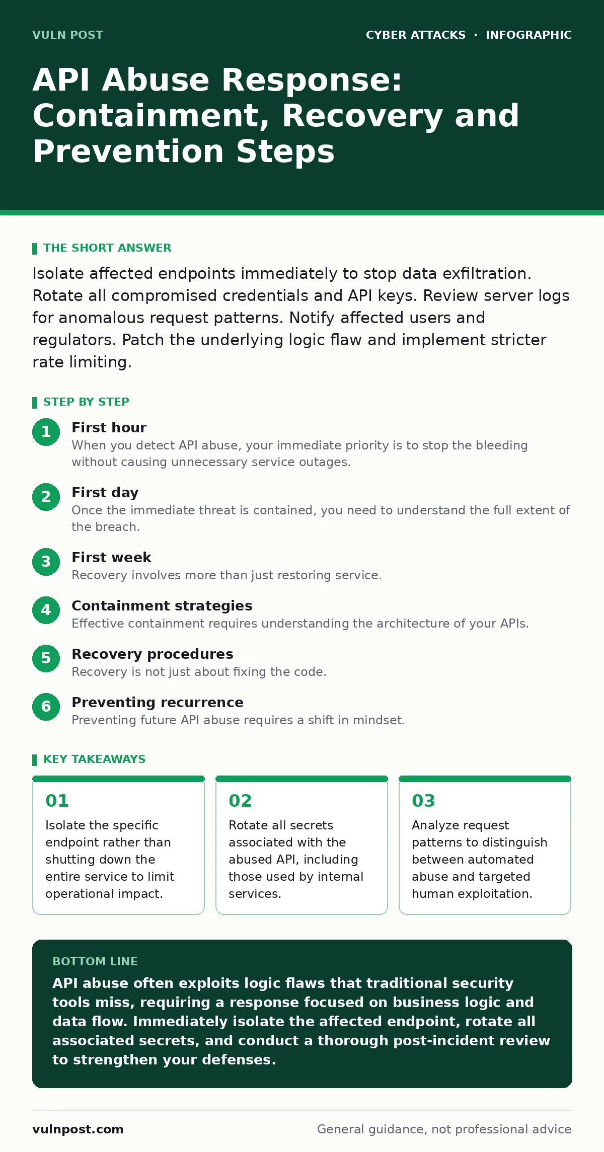 Infographic: API Abuse Response: Containment, Recovery and Prevention Steps. Isolate the specific endpoint rather than shutting down the entire service to limit operational impact. Rotate all secrets associated with the abused API, including those used by internal services. Analyze request patterns