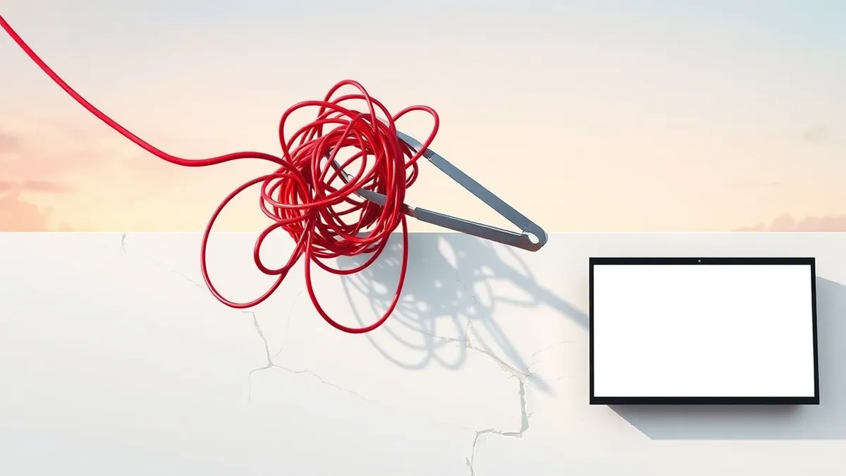 Illustration: A tangled knot of red wires represents broken logic, hovering above a clean, white digital wall.