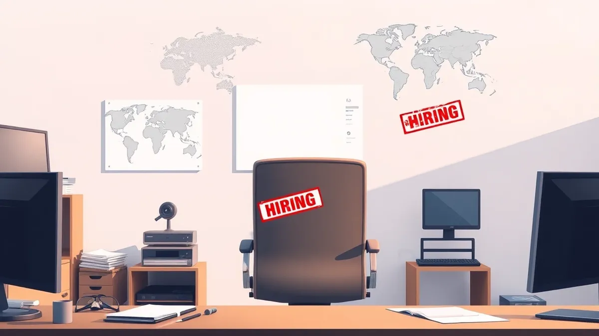 Illustration: An empty executive office chair sits before a cluttered desk, facing three distinct geographic maps pinned to the wall.