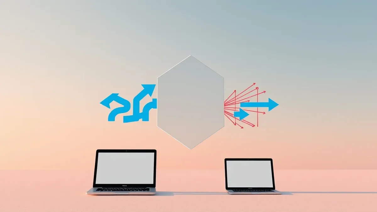 Illustration: A clean network diagram floats in empty space, showing thick blue arrows representing massive traffic surges being filtered by a translucent geometric shield.