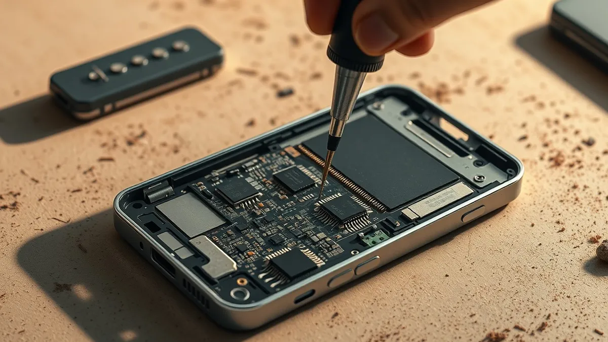 Illustration: A cracked open cheap smartphone chassis sits on a dusty workbench, revealing exposed circuit boards.