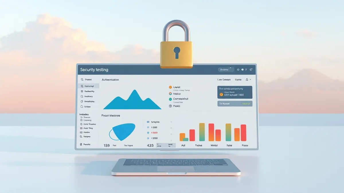 Illustration: A generic security testing dashboard displays abstract geometric shapes representing simulation data.