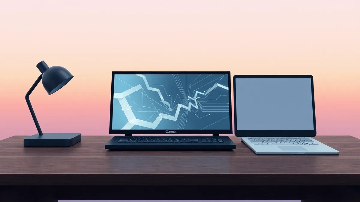 Illustration: A sleek black terminal sits on a wooden desk, its screen glowing with abstract geometric patterns representing data flow.