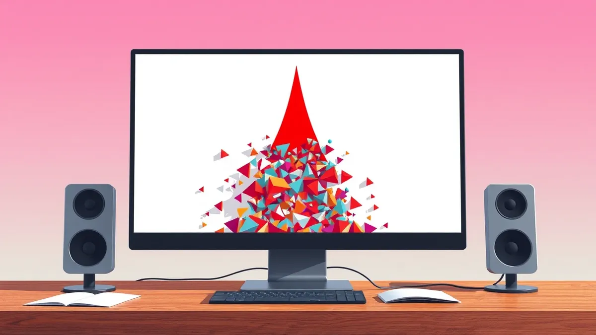 Illustration: A desktop computer monitor displays a blank window with a jagged red tear in its center.