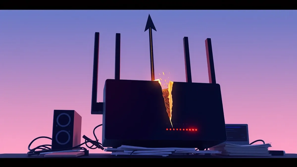 Illustration: A sleek black router sits on a cluttered desk, its power light blinking red.