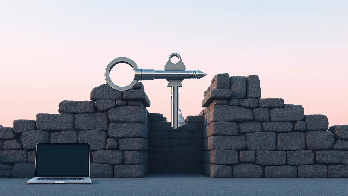 Illustration: A single key floats in mid-air, its metallic surface reflecting a distorted view of a crumbling stone wall behind it.