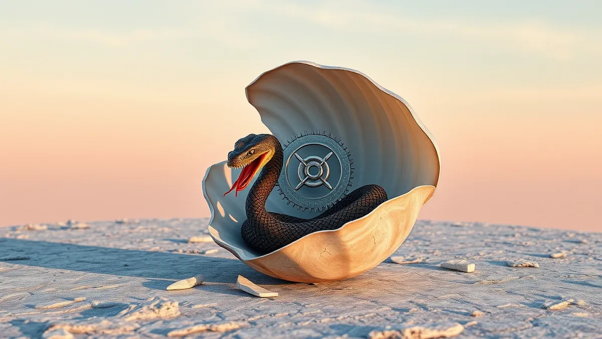 Illustration: A cracked open transparent shell rests on a cold stone surface, revealing a coiled serpent inside.
