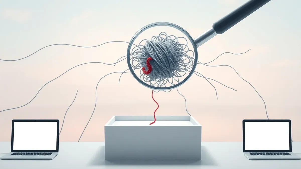 Illustration: A magnifying glass hovers over a tangled knot of grey digital threads, revealing a small red worm crawling through the fibers.