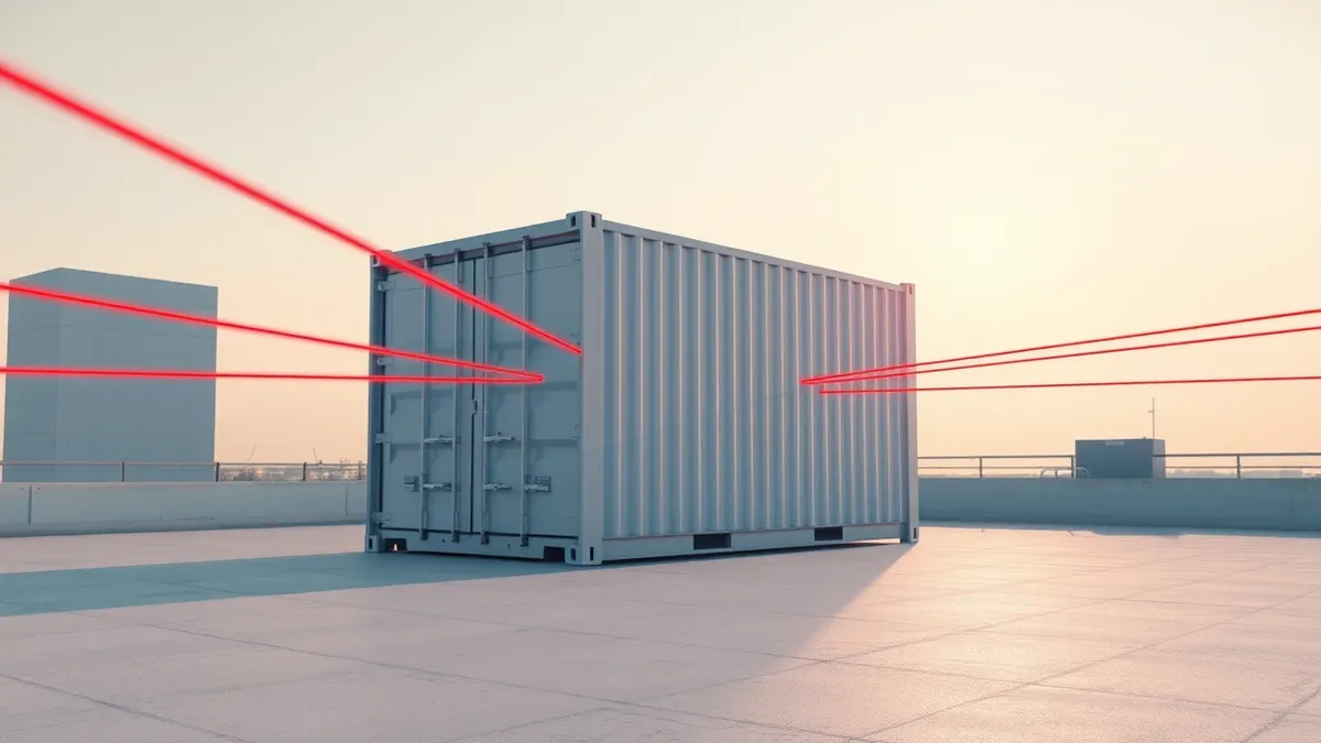 Illustration: A sleek, abstract container pod sits exposed on an open rooftop under a bright sky.