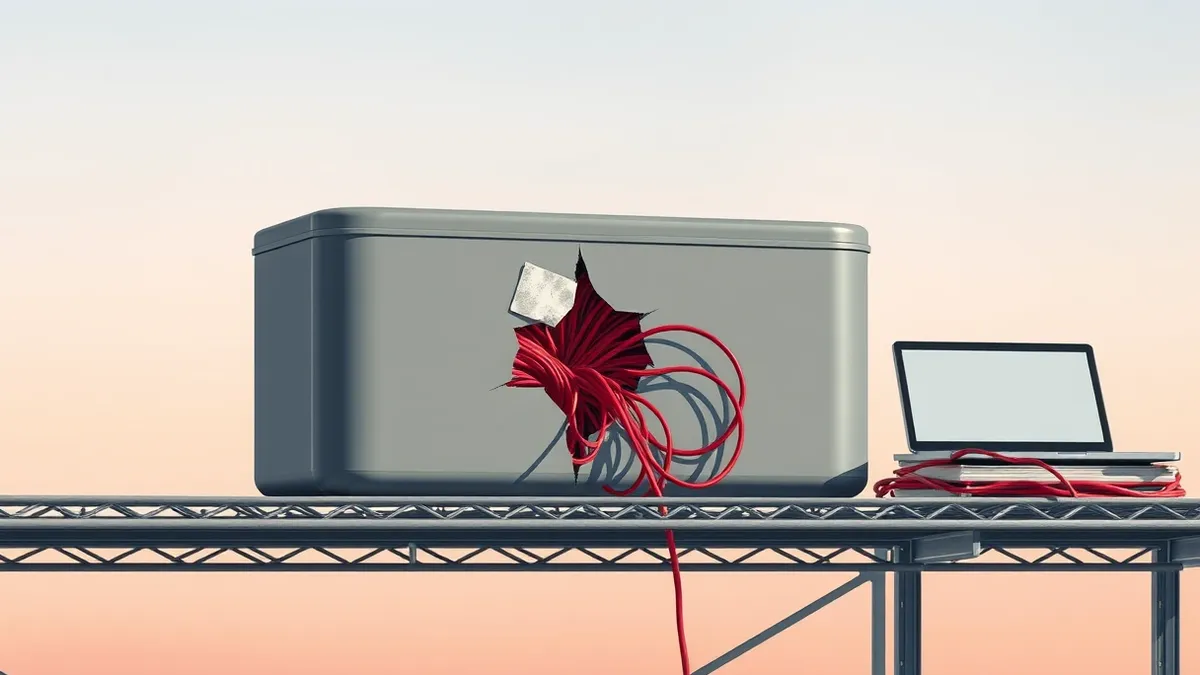 Illustration: A sleek grey container sits on a metal shelf, its smooth surface cracking open to reveal tangled red wires spilling out.