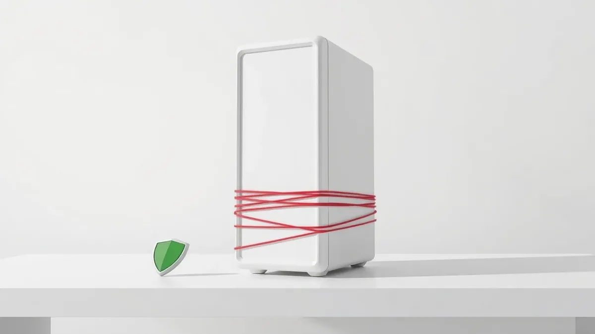 Illustration: A sleek white tower server sits isolated on a clean white desk.