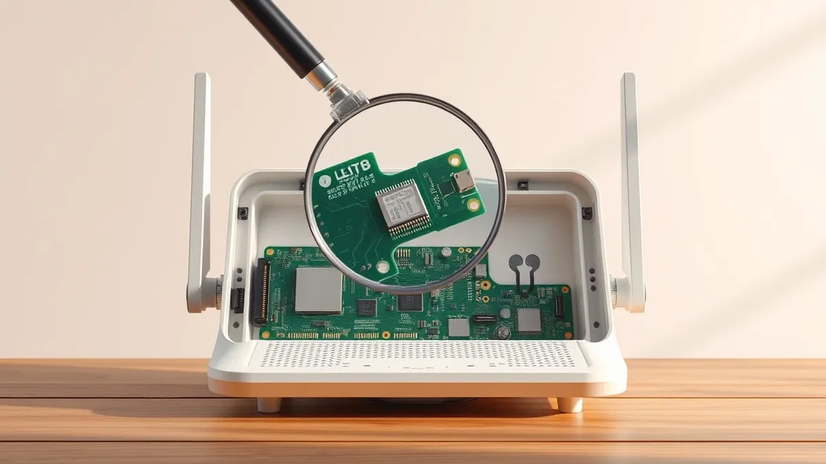 Illustration: A white wireless router sits on a wooden desk with its front panel open, exposing green circuit boards and chips.