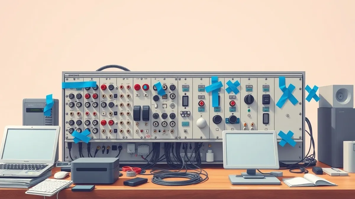 Illustration: A complex control panel sits on a cluttered workbench.