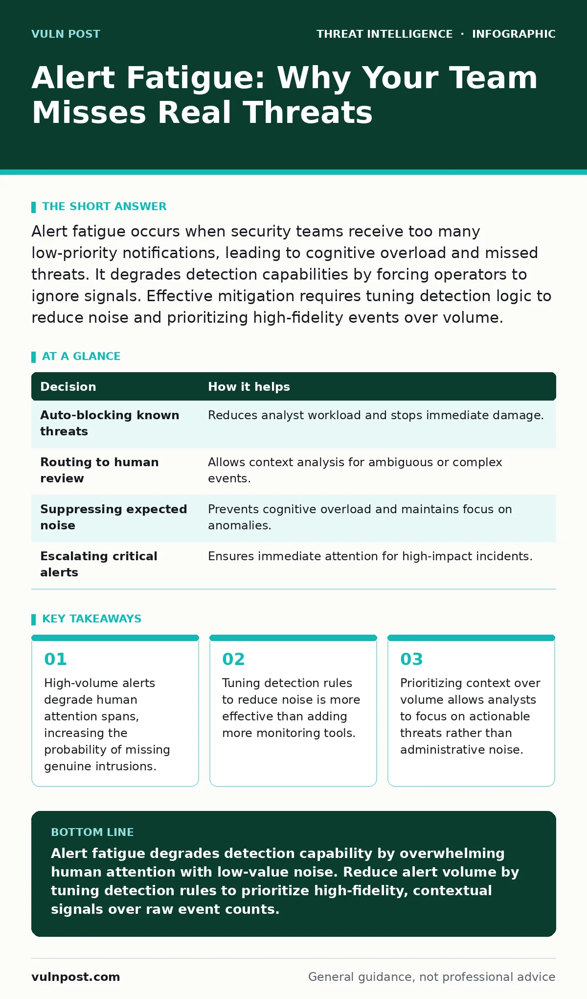 Infographic: Alert Fatigue: Why Your Team Misses Real Threats. High-volume alerts degrade human attention spans, increasing the probability of missing genuine intrusions. Tuning detection rules to reduce noise is more effective than adding more monitoring tools. Prioritizing context over volume allo