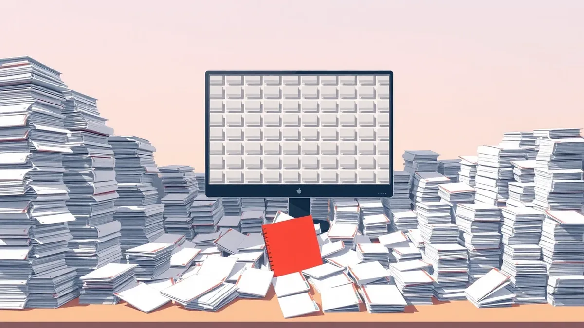 Illustration: A cluttered workstation desk buried under towering stacks of blank paper slips.