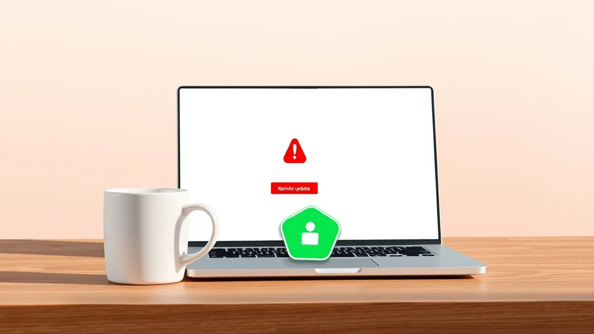 Illustration: A white ceramic coffee mug sits on a wooden desk next to a silver laptop.