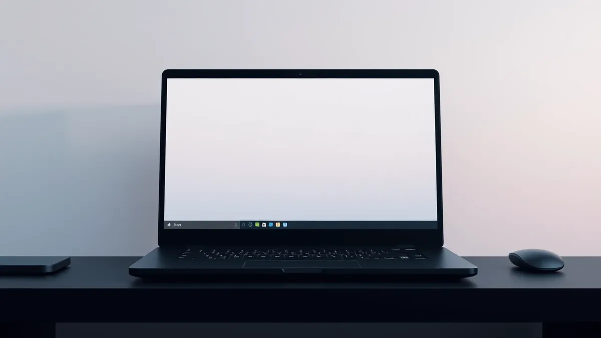 Illustration: A sleek black laptop sits on a dark desk with its screen displaying a single open terminal window.