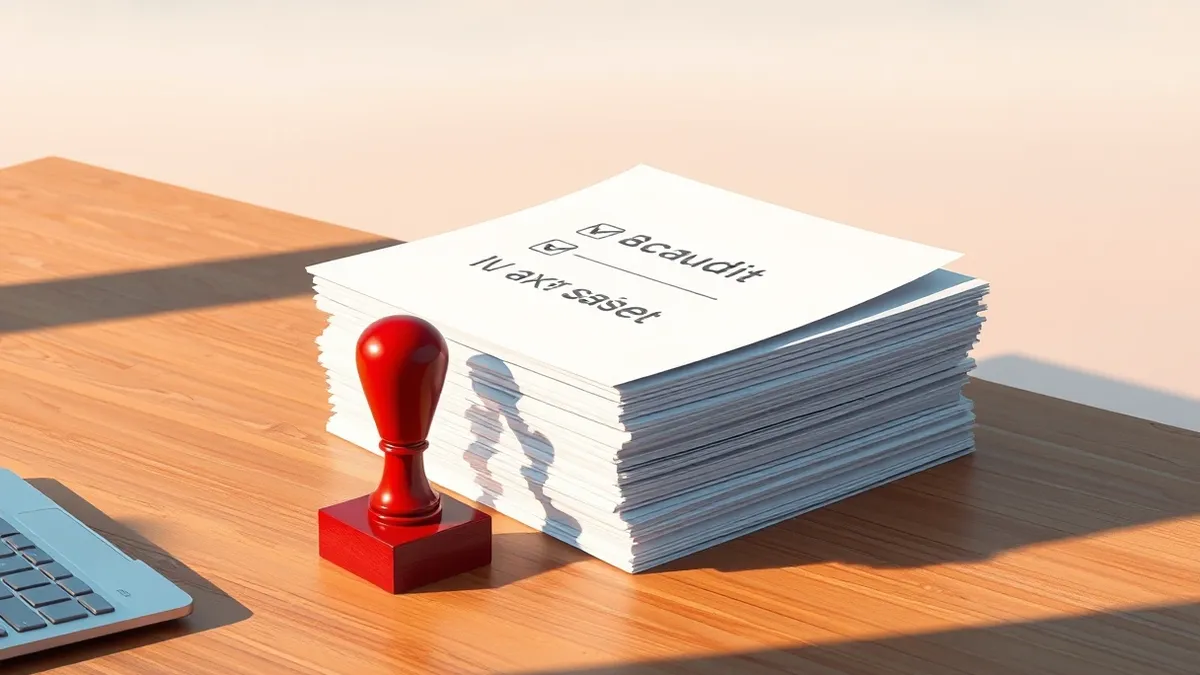 Illustration: A thick stack of crisp white papers sits neatly on a sleek wooden desk beside a single red rubber stamp.